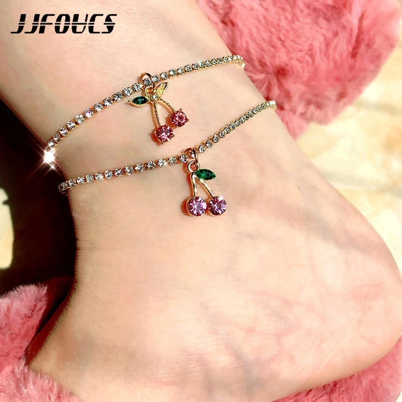 

JJFOUCS Fashion Crystal Cherry Anklet Rhinestone Tennis Chain Foot Chain Jewelry for Women Summer Beach Anklet Barefoot Chain
