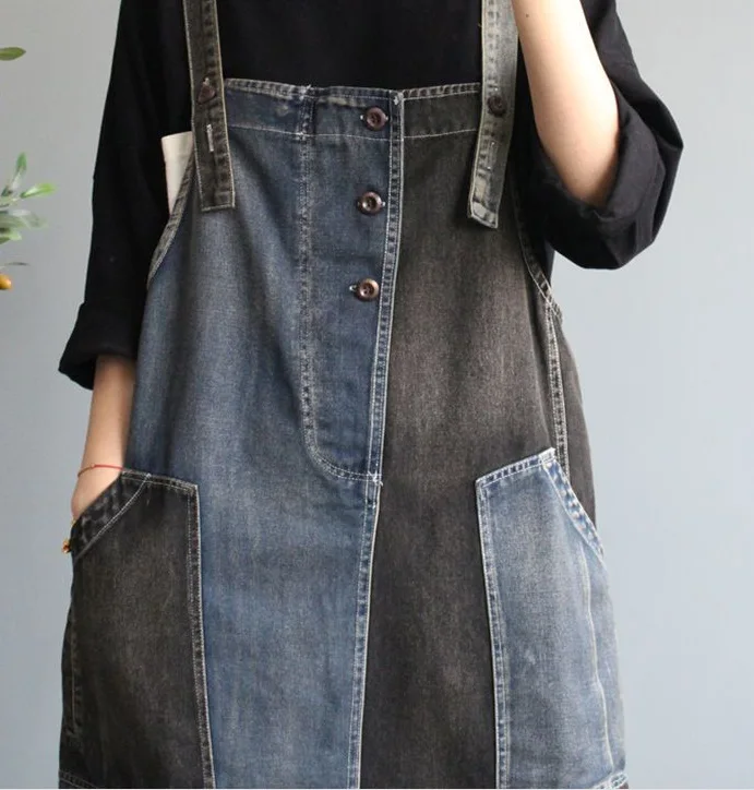 Spring Denim Skirts Women Patchwork Pockets Buttons Loose Fashion Female Casual A-Line Mid-Calf Length Braces Skirt Wild | Женская