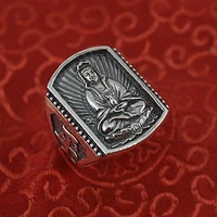 retro ethnic style pure silver guanyin 999 pure silver ring mens domineering large size ring personality good luck silver ring