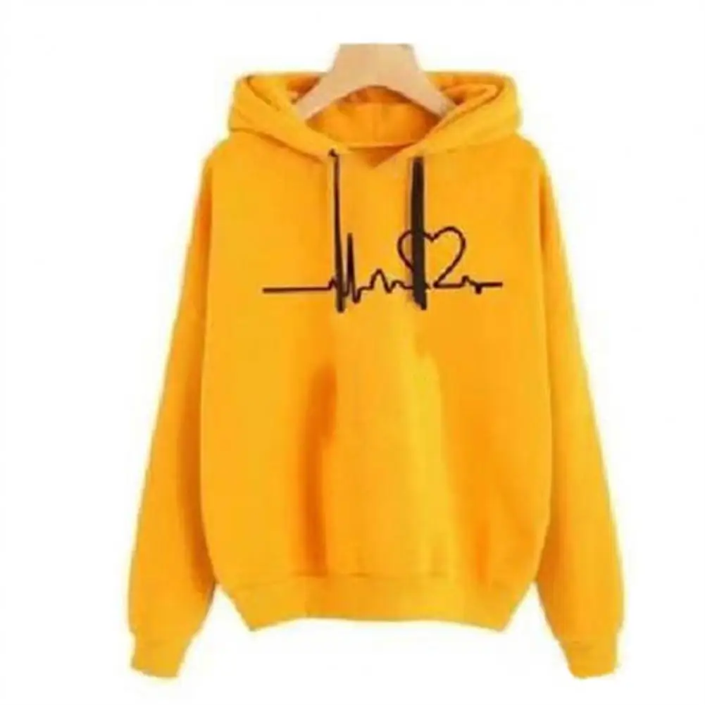 

Autumn Winter Sweatshirts Women Hoodie Heart Print Pullover Drawstring Solid Color Long Sleeve Hooded Sweatshirt for Daily Wear