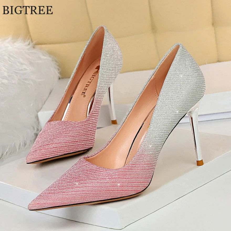 Туфли лодочки женские демисезонные на высоком каблуке 9 см с блестками и острым