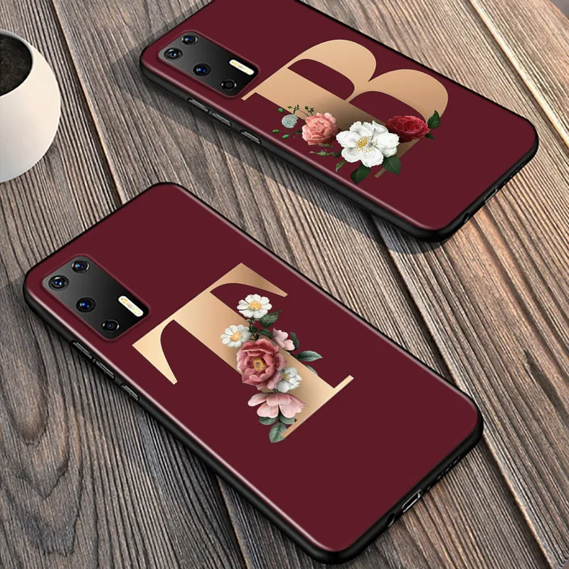 

Silicone Cover Gold First Letter Flower For Huawei P40 P30 P20 Pro P10 P9 P8 Lite E Plus 2019 2017 Phone Case