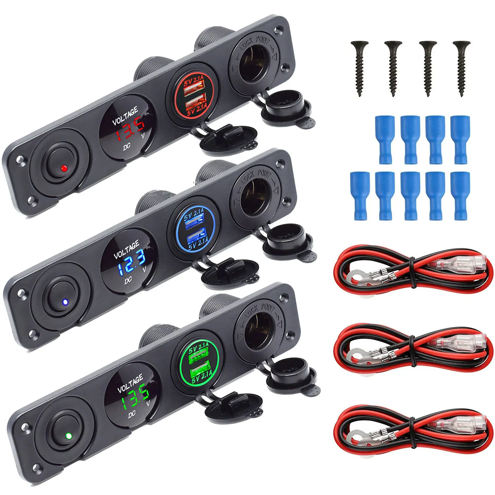 12V Car Power Socket 4 In 1 Cigarette Lighter Digital Voltmeter Dual Usb Charger With Rocker Switch Dustproof Waterproof | Автомобили и