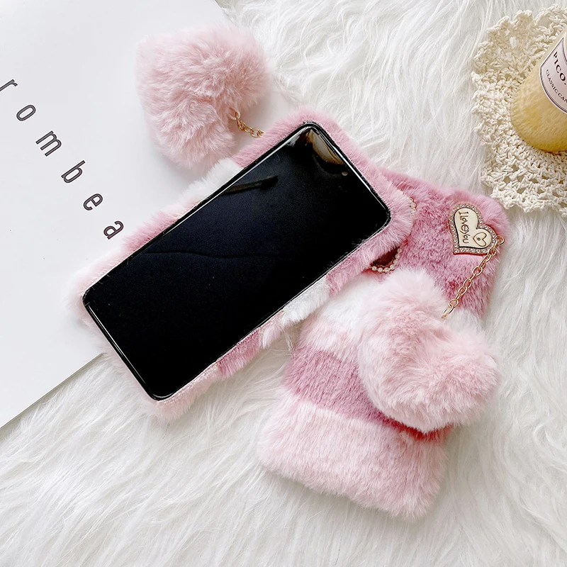 Чехол с плюшевой кроличьей сердце-подвеской для Samsung S21 Ultra Note 20 10 + 9 S20 FE S10 S9 Plus A71 A51 A70.