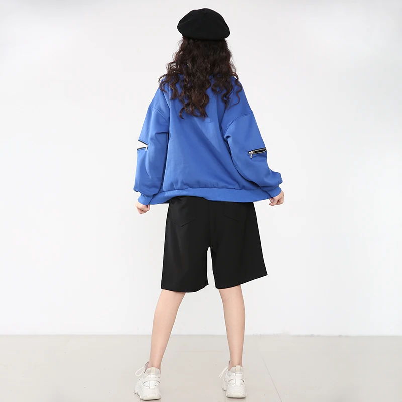 

[EAM] Loose Fit Zipper Irregular Sweatshirt New Round Neck Long Sleeve Women Big Size Fashion Tide Spring Autumn 2021 1DD515405