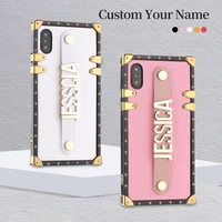 leather trunk case holding strap gold metal custom name text clear phone case for iphone 12 11 13pro 6s xs max xr 7plus 8plus x