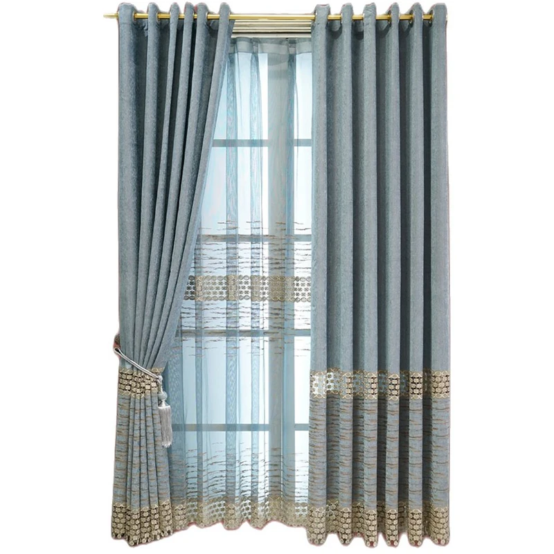 

European Hollow Blue Luxury Curtains For Living Room Bedroom Window Drapes Chenille Thermal Insulated Semi Blackout Curtain 6
