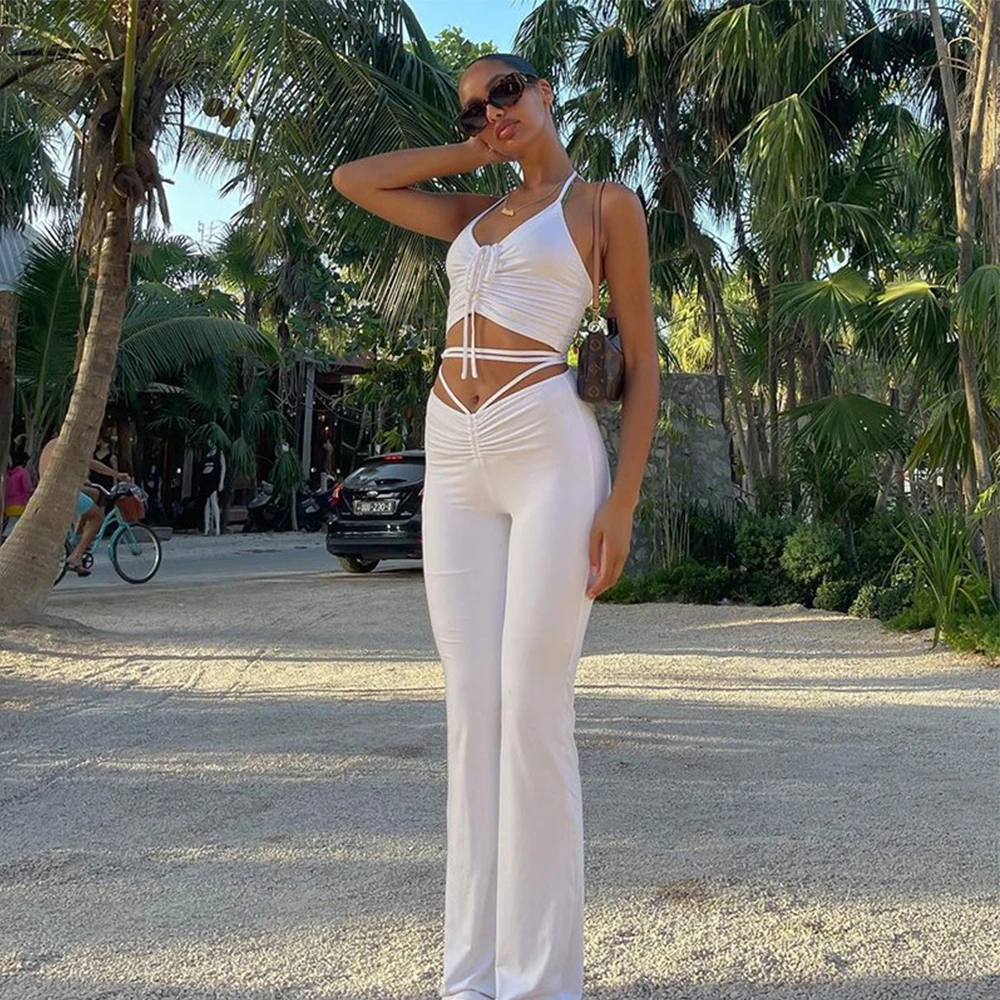 

Lusofie V-neck Halter Neck Cropped Crop Top Flared Pants Two-piece Women's Summer Mini Vest Solid Color Trousers 2021