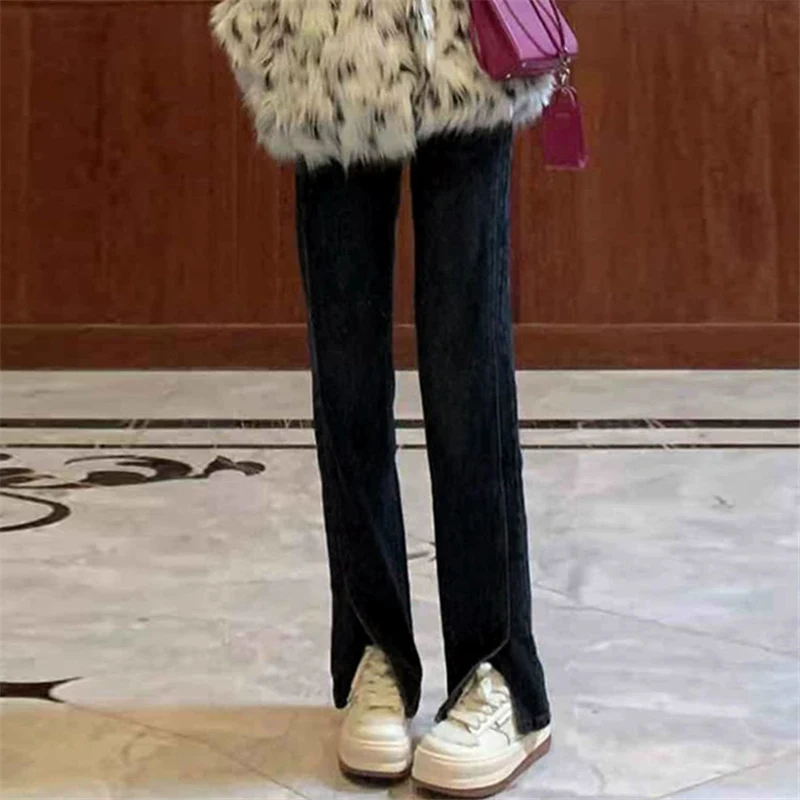 

Женские джинсы с разрезом в стиле ретро, шикарные свободные прямые джинсы с высокой талией в стиле Конг для осени и зимы