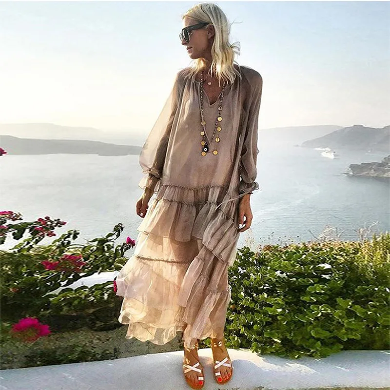 

Hot Selling Spring Patchwork Ruffles Women's Dresses V Neck Petal Sleeve Loose Perspective Holiday Dress Fashion Tide Clothes