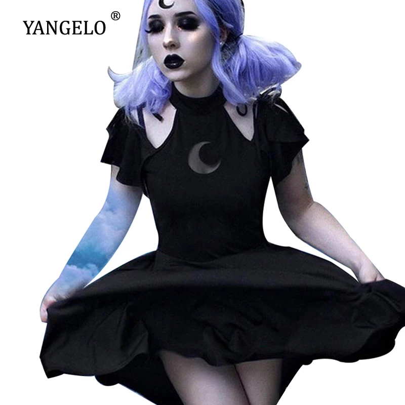 Женское готическое платье с полумесяцем черное летнее вырезом на груди