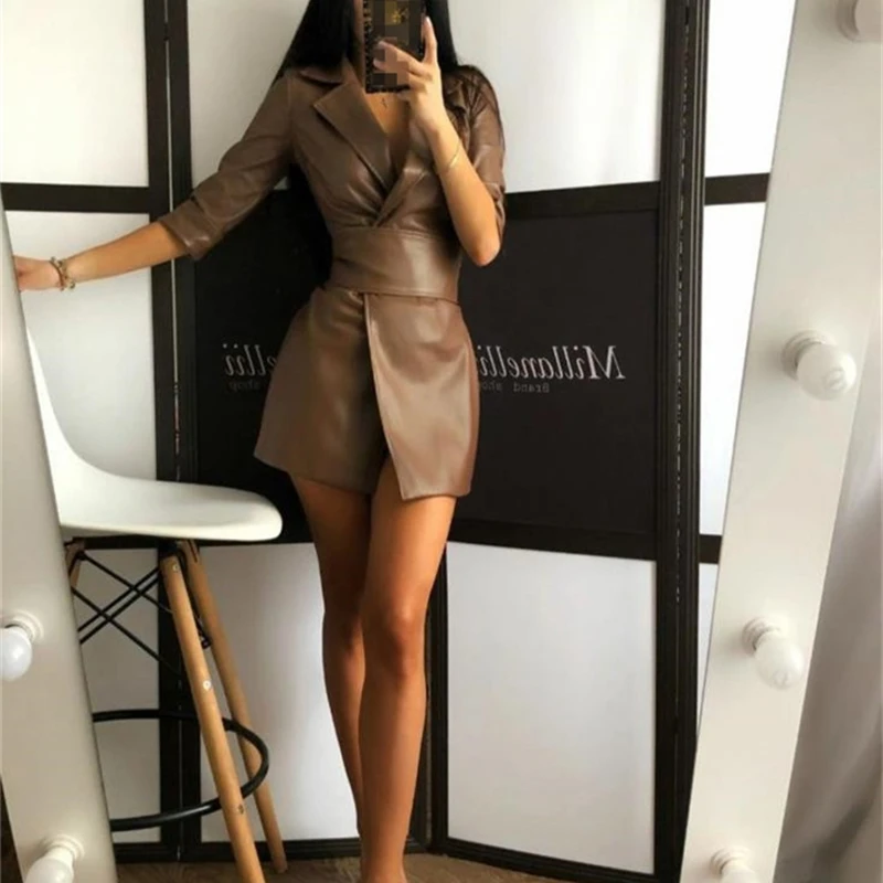 

Ashley Fashion high waist short party dress women Half sleeve slim black dress sexy A-line elegant short pu leather dress 2020