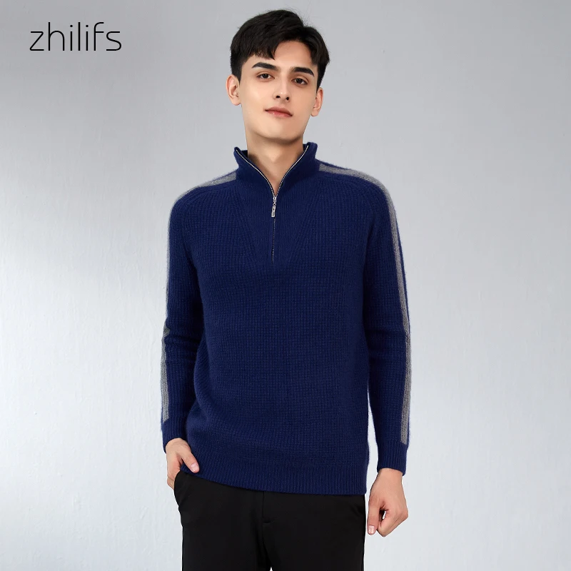 Mens Casual Slim Fit Merino wool sweater sweaters Manica Long shirt Tissue Zip Mock Neck Polo sweater Cashmere Texture