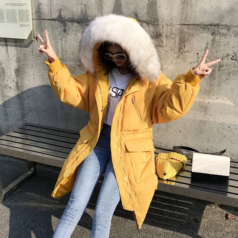 Женский пуховик с большим меховым воротником длинный толстый теплый тонкий