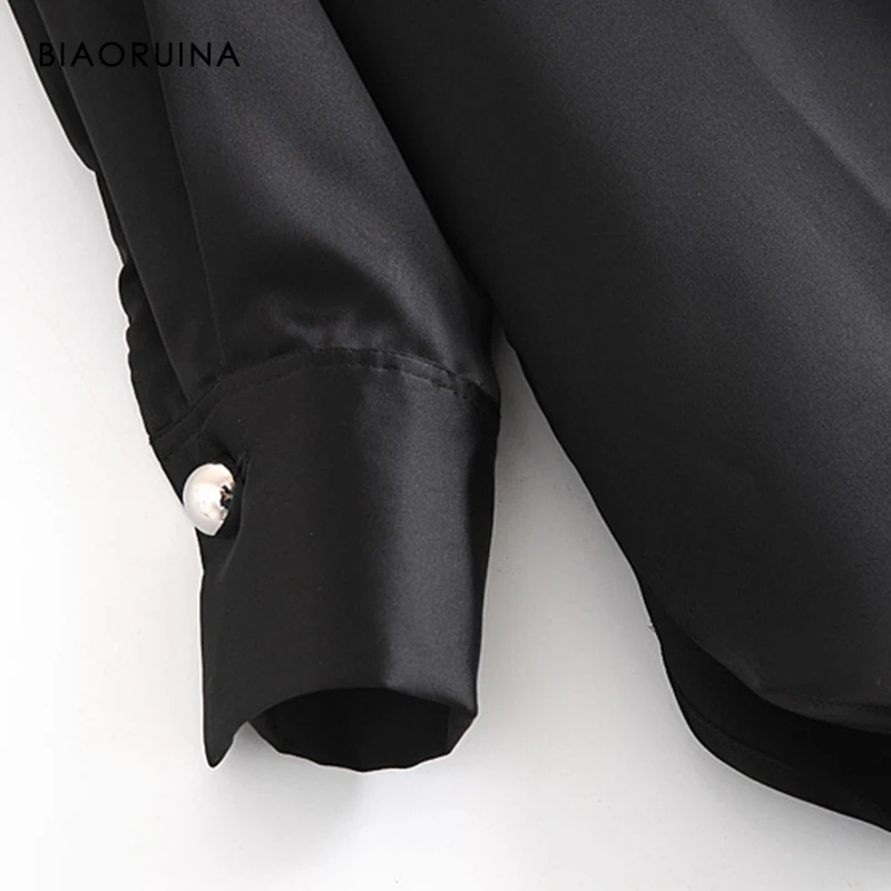 

BIAORUINA 2021 Women's Black Single Breasted Loose Fashion Shirt Stand Collar Office Lady Elegant Long Sleeve Blouse Tops