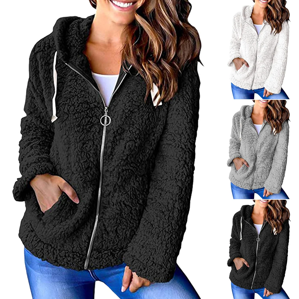 

VICABO Jackets for Women Fleece Hooded Coat Zip Up Pockets Winter Warm Teddy Fluffy Sweatshirt Female Coats 2XL