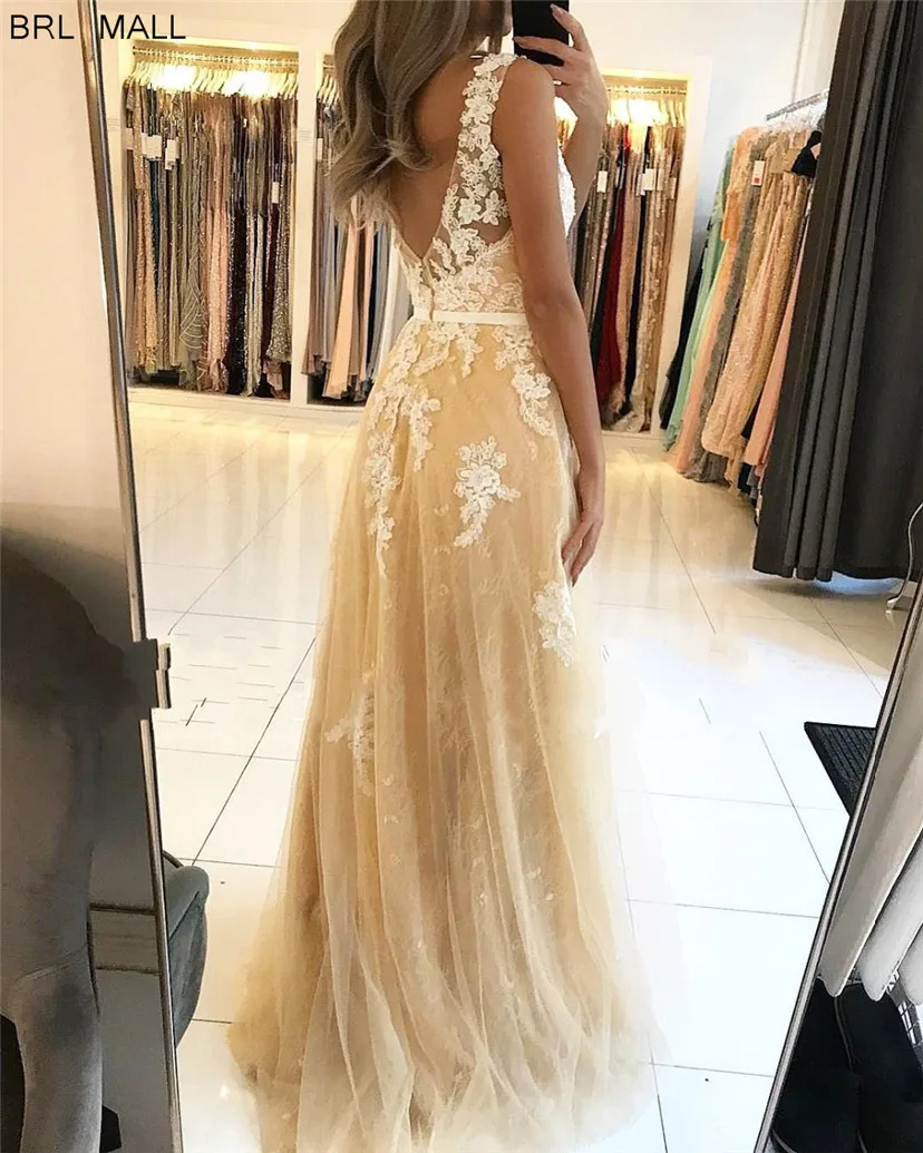 

vestido de fiesta 2020 Champagne Lace Long Prom Dresses V Neck Elegant White Appliques Formal Evening Gowns Cheap Party Dress