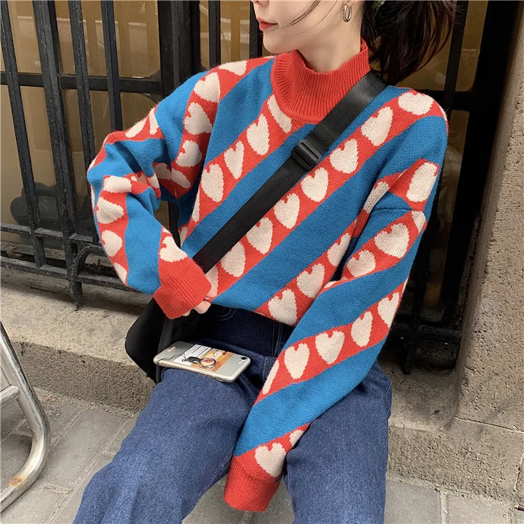 Casual Loose High Collar Love Sweater Women's Sweaters Japanese Kawaii Ulzzang Female Korean Harajuku Clothing For Women | Женская