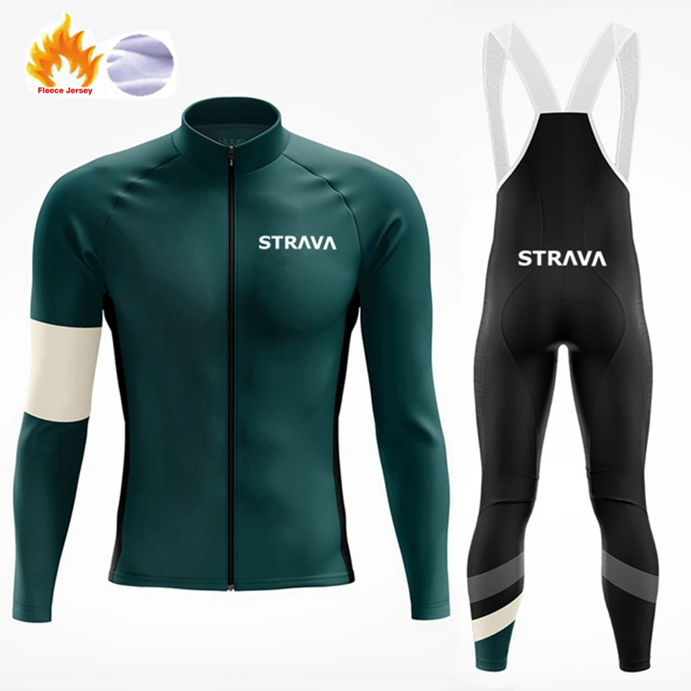 

STRTAVA Maillot Cycliste 2021 Men Winter Thermal Fleece Cycling Clothing Jersey Suit Outdoor Riding Bike MTB Bib Pants Set