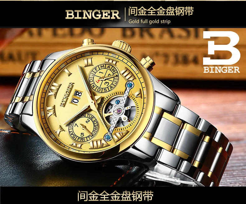 Швейцарские Бингер мужские часы люксовый бренд Tourbillon сапфир светящиеся несколько функций механические наручные часы B8602-7