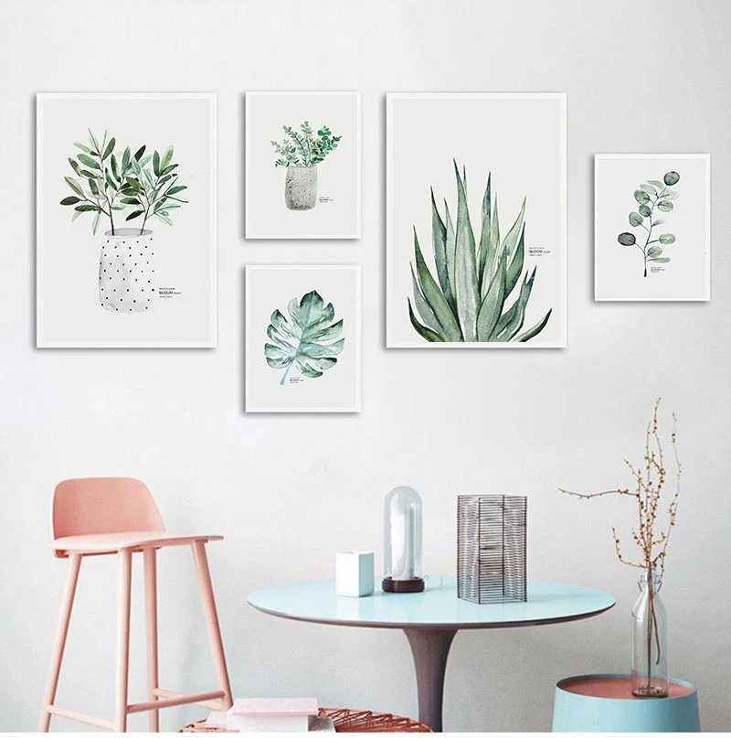 

Постер на холсте с акварельными растениями и зелеными листьями, скандинавский настенный художественный Рисунок на стену, скандинавский де...