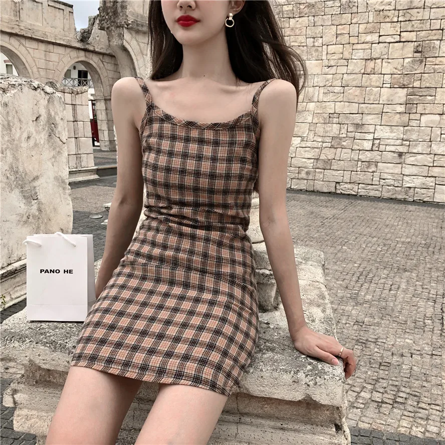 

summer dress 2021 korean style spaghetti strap plaid slim a line mini dress women clothes (R9953)