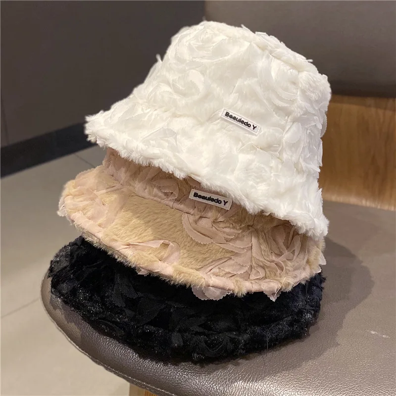 

Korean Designer Rose Hair Autumn and Winter Fisherman Hat English Stickers Cloth British Retro Flower Warm Basin Hat Women