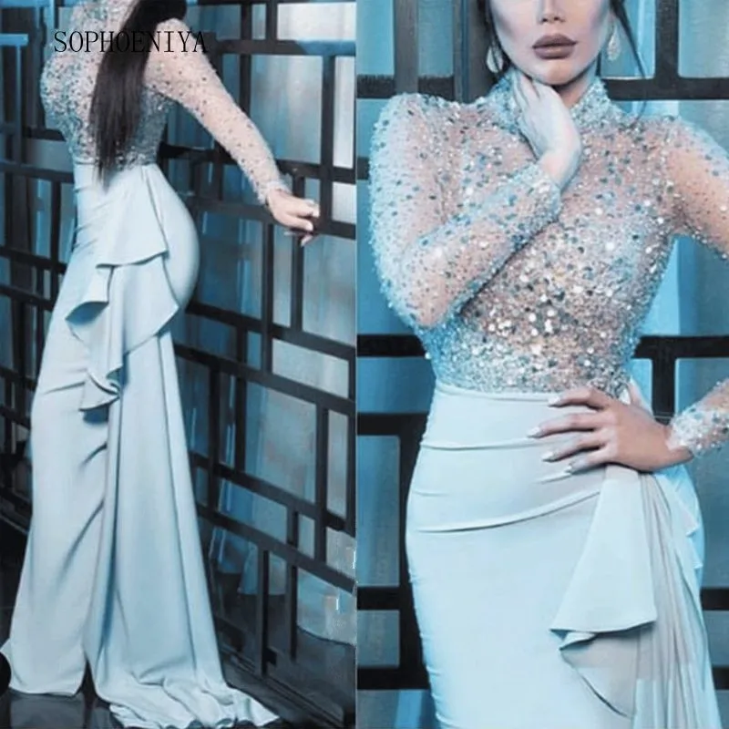 Роскошное вечернее платье с блестками и бисером, Серебряное Вечернее платье русалки с длинным рукавом, vestido de festa