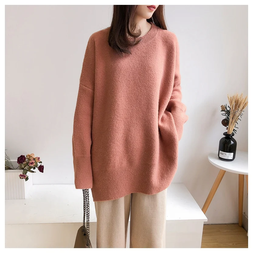 Женское трикотажное платье-свитер длинное прямое платье с круглым вырезом и