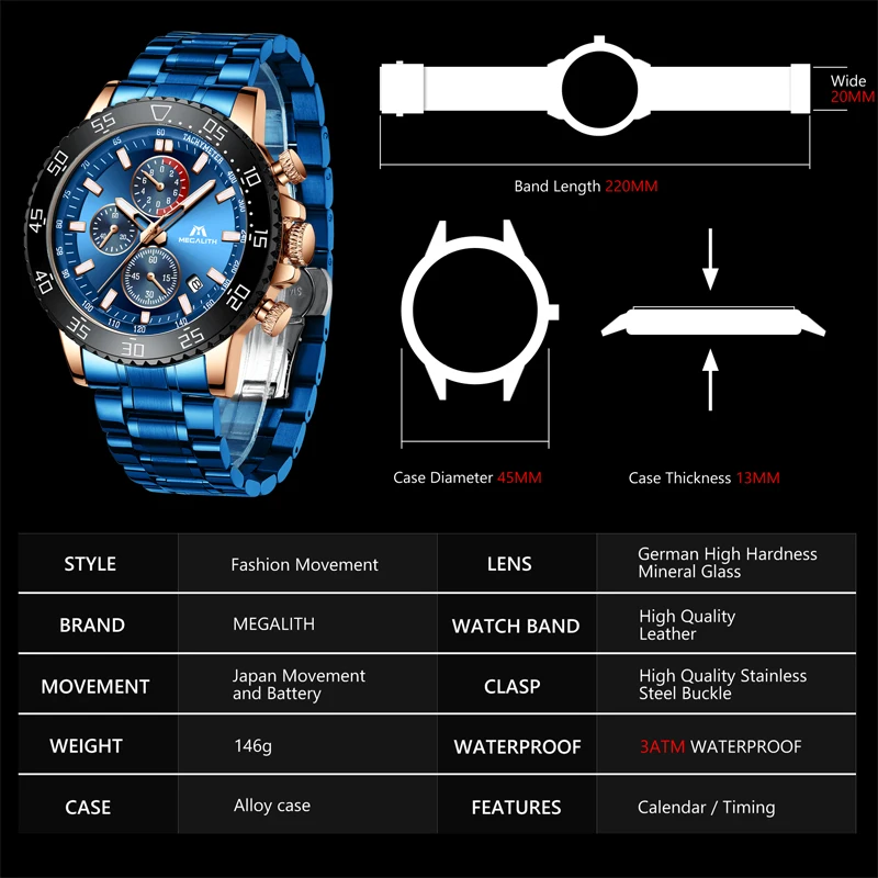 Водонепроницаемые спортивные часы MEGALITH мужские Модные брендовые кварцевые