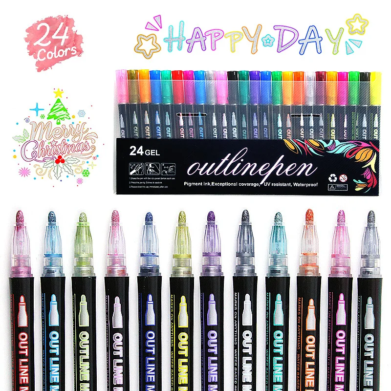 

12/24 Colors/lot Double-line Pen Color Hand Account Pen Dream Outline Pen Hand-painted Stationery Highlighter Marker Pen