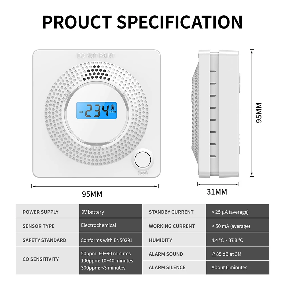 Детектор угарного газа Tuya Wi-Fi датчик углекислого с ЖК-дисплеем 85 дБ сигнализация