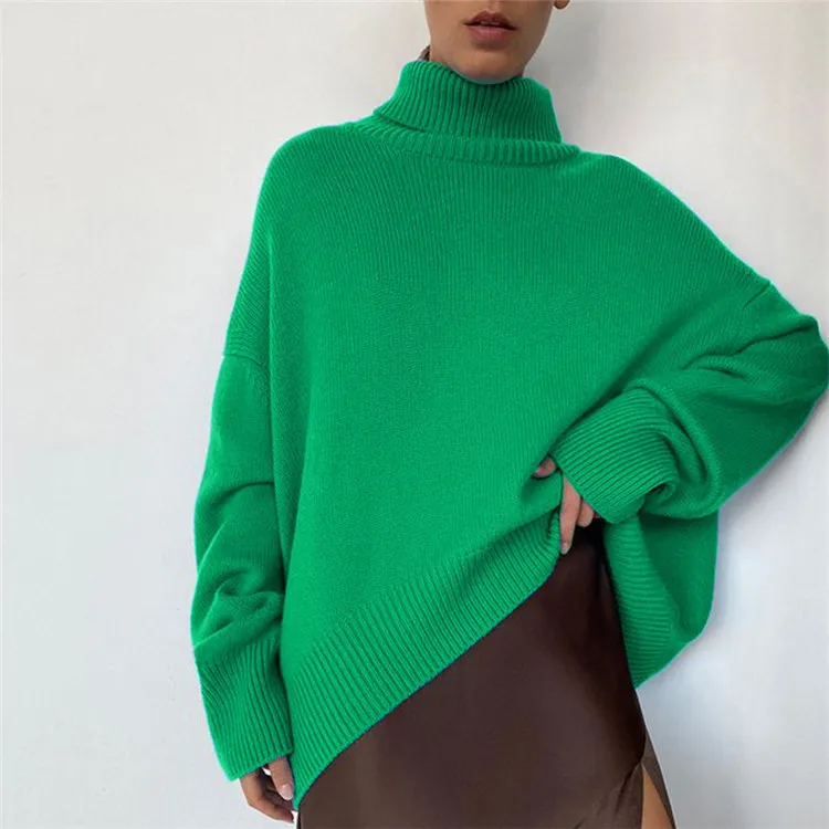

Turtleneck Sweater Women Autumn Winter 2021 New Long Sleeve Cutton Knitted Jumper Casual Loose Oversize Green Tops Plus Size
