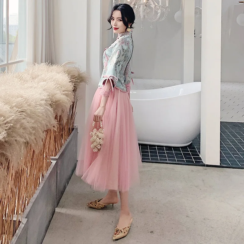 

Women Sweet Bow Trim Mesh Banquet Gown Elegant Mandarin Collar Chinese Bridesmaid Dresses Exquisite Long Formal Party Dress