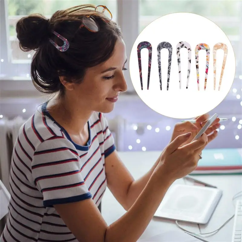 

5pcs U-shaped Printing Hairpins Retro Simple Headwears Hair Forks for Lady Female