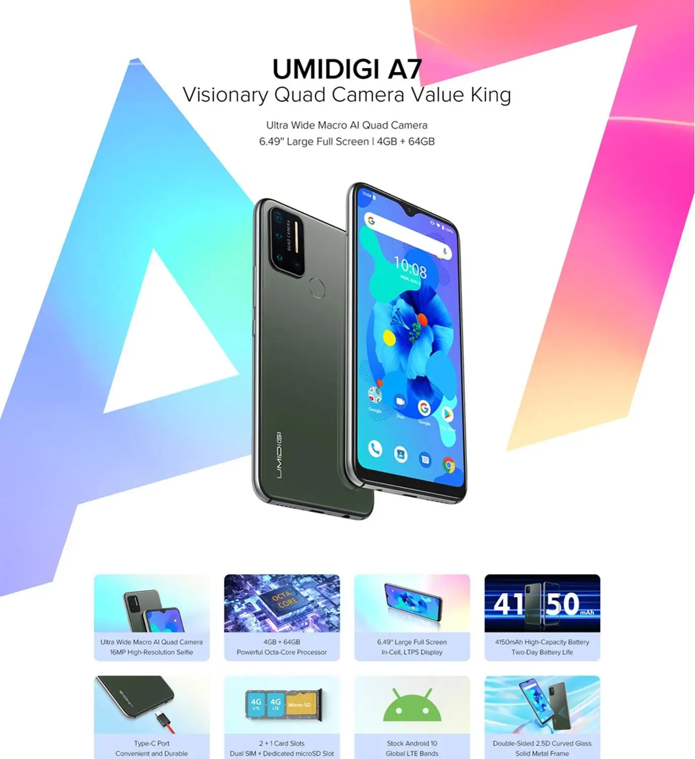 UMIDIGI A7 6 49 &quotIPS экран 4 Гб + 64 Смартфон Helio P20 Восьмиядерный Android 10 разблокировка лица