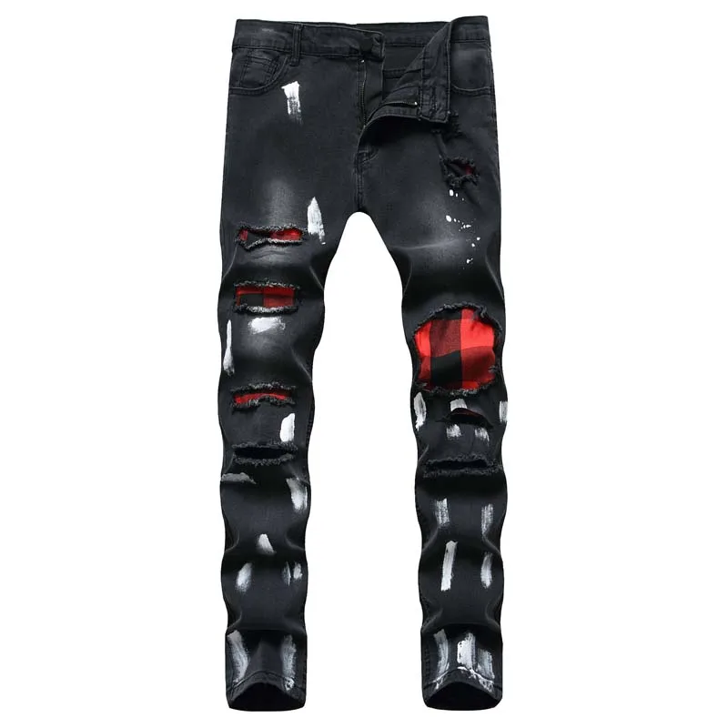 Модные черные Стрейчевые рваные облегающие джинсы мужские лоскутные сетчатые