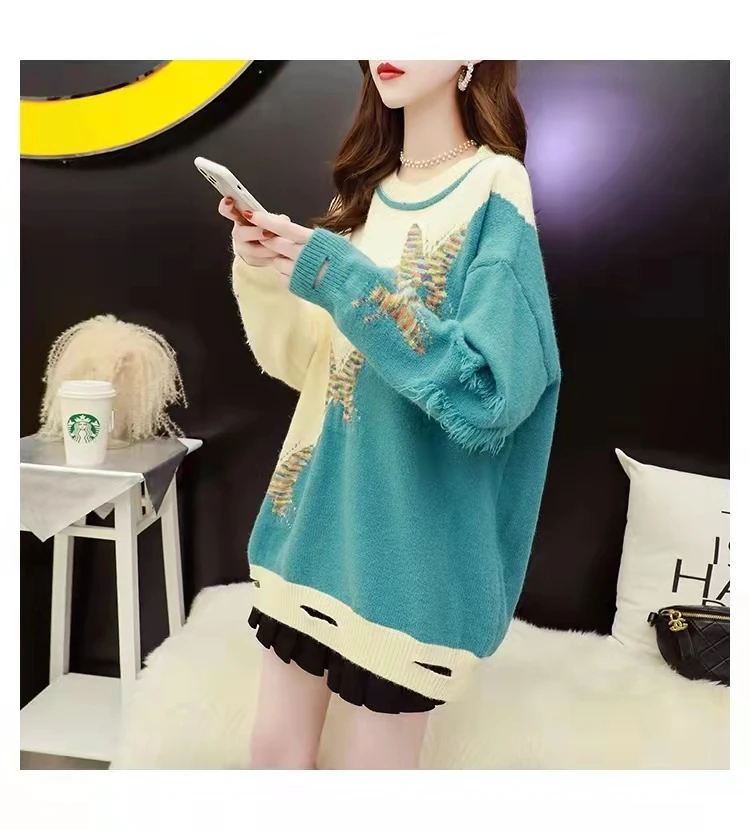 

Print Women's Sweater Casual Jumpers Fashion Long Sleeve Top Loose O-neck Cotton Clothing Autumn Winter Pullovers Houthion