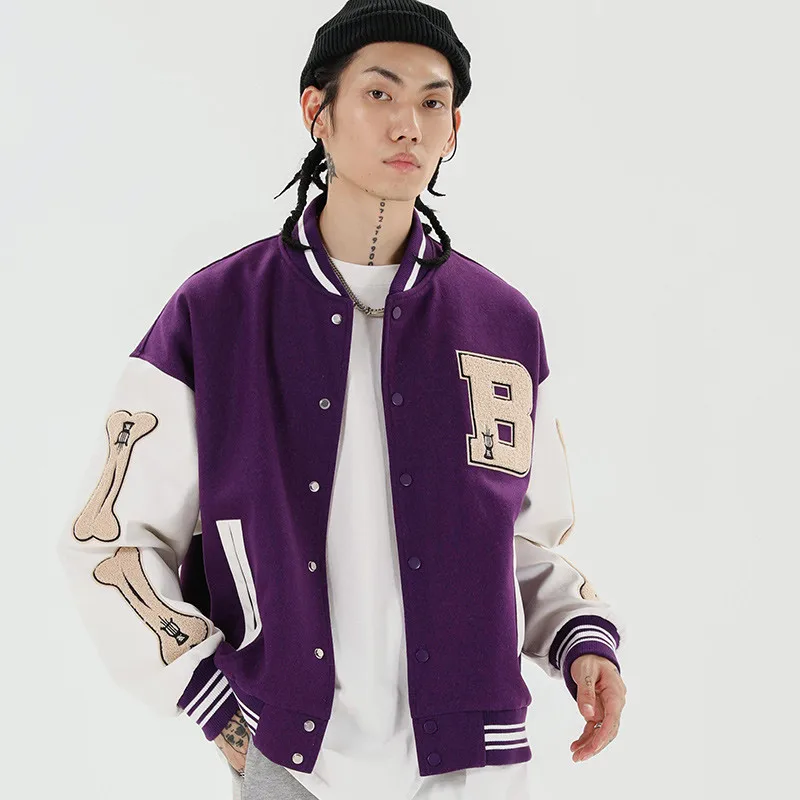 

3 Letter color Coats Bone College Baseball Block Furry Jacket Harajuku Patch Men Aolamegs Style Color Patchwork Optional Bomber