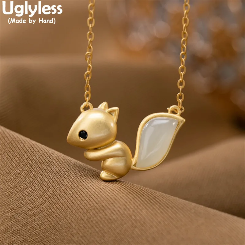 

Uglyless Plated Gold Squirrel Necklaces for Women Handmade Lovely Animals Pendants + Chains 925 Silver Agate Fine Jewelry P1045