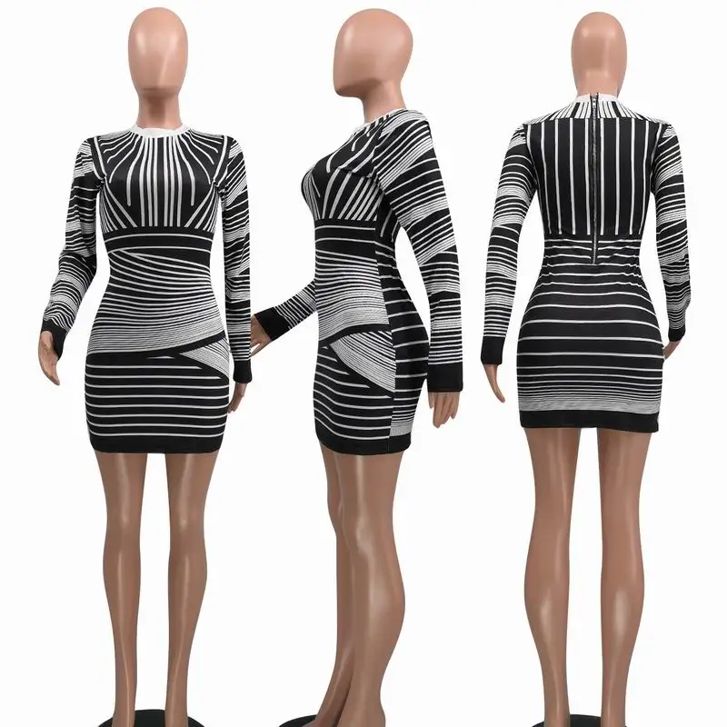 

Wholesale Sexy Fall Fashion Elegant O Neck Pleated Chic Long Sleeve Women Casual Bodycon Dress