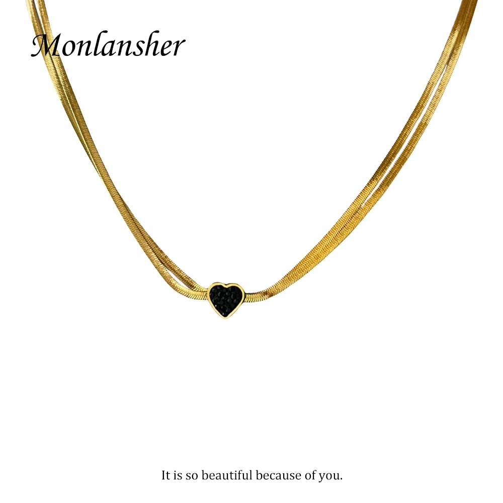 

Monlansher Double Layer Gold Color Stainless Steel Metal Snake Chain Necklace for Women Vintage Black Rhinestones Necklace Gift