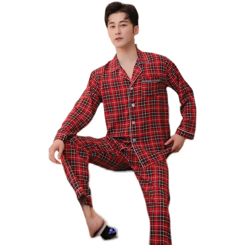 

Couple Pajamas Women's Spring and Autumn Long-Sleeved Men's Silk Home Wear Japanese Style Plaid Artificial Cotton