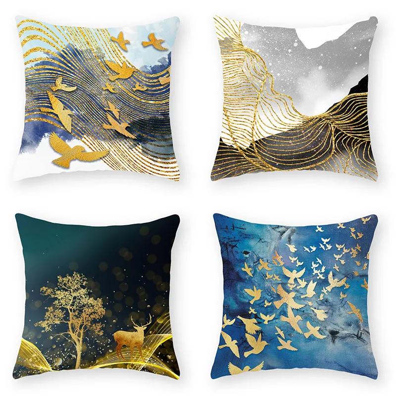 

Golden Bird Plants Printed Sofa Decorative Cushion Cover Pillow Pillowcase Peach Skin Throw Pillow Home Decor Pillowcase 45x45cm