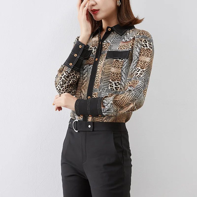 Женская рубашка с леопардовым принтом Повседневная блузка из натурального шелка