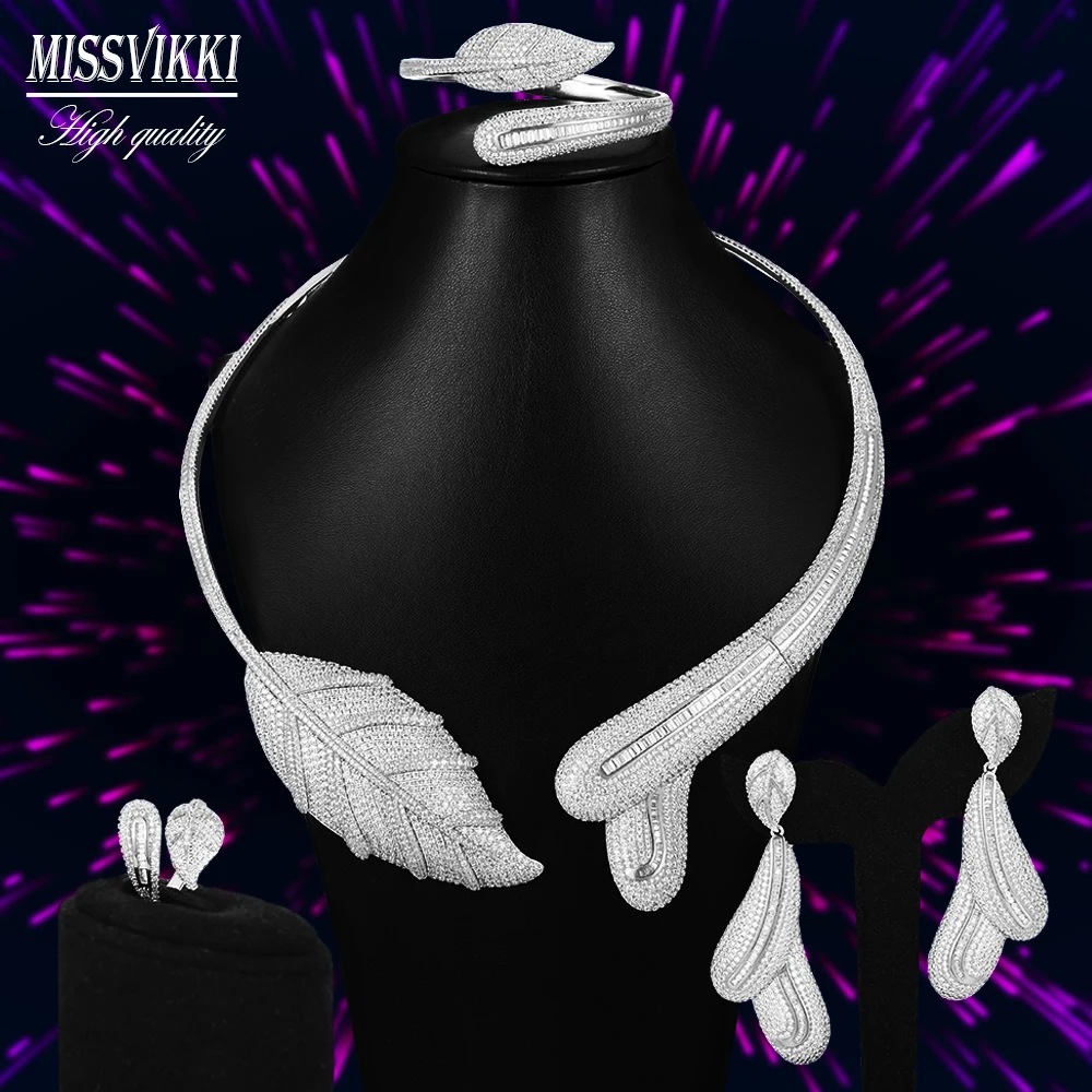

Missvikki роскошный элегантный перо Лист Благородный Набор ювелирных изделий из кубического циркония бриллиантовое ожерелье кольцо кулон аксе...
