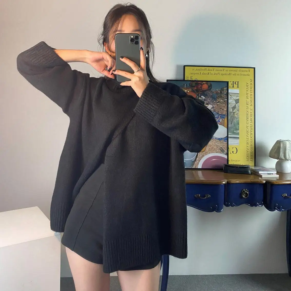 Женский вязаный свитер с разрезом винтажный теплый элегантный пуловер