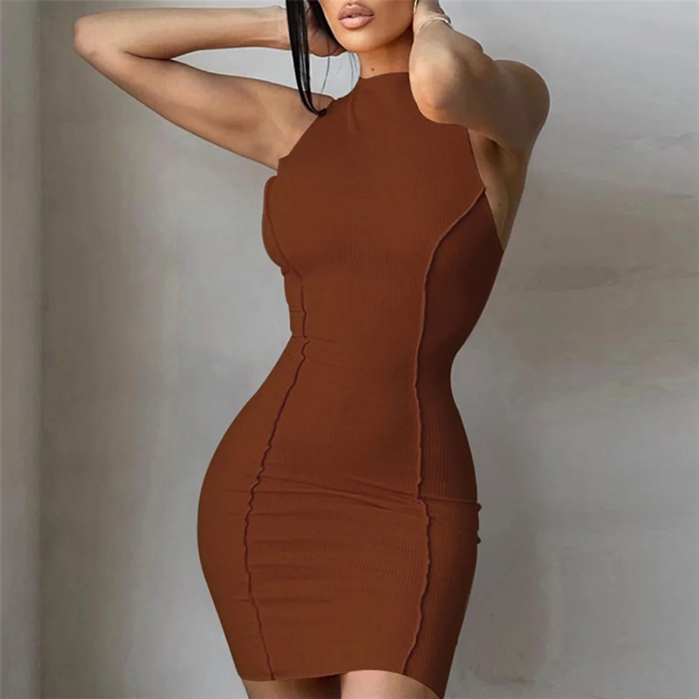 

2021 Women's Autumn New Dress Fashion Trend Sexy Commuter Style Solid Color Stitching Sleeveless Fashion Slim Fit Hip Dresses