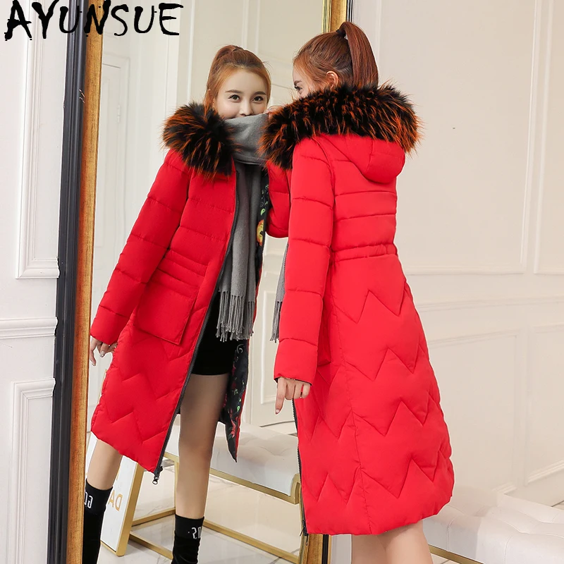 AYUNSUE длинная парка зимняя женская куртка с большим меховым воротником корейское