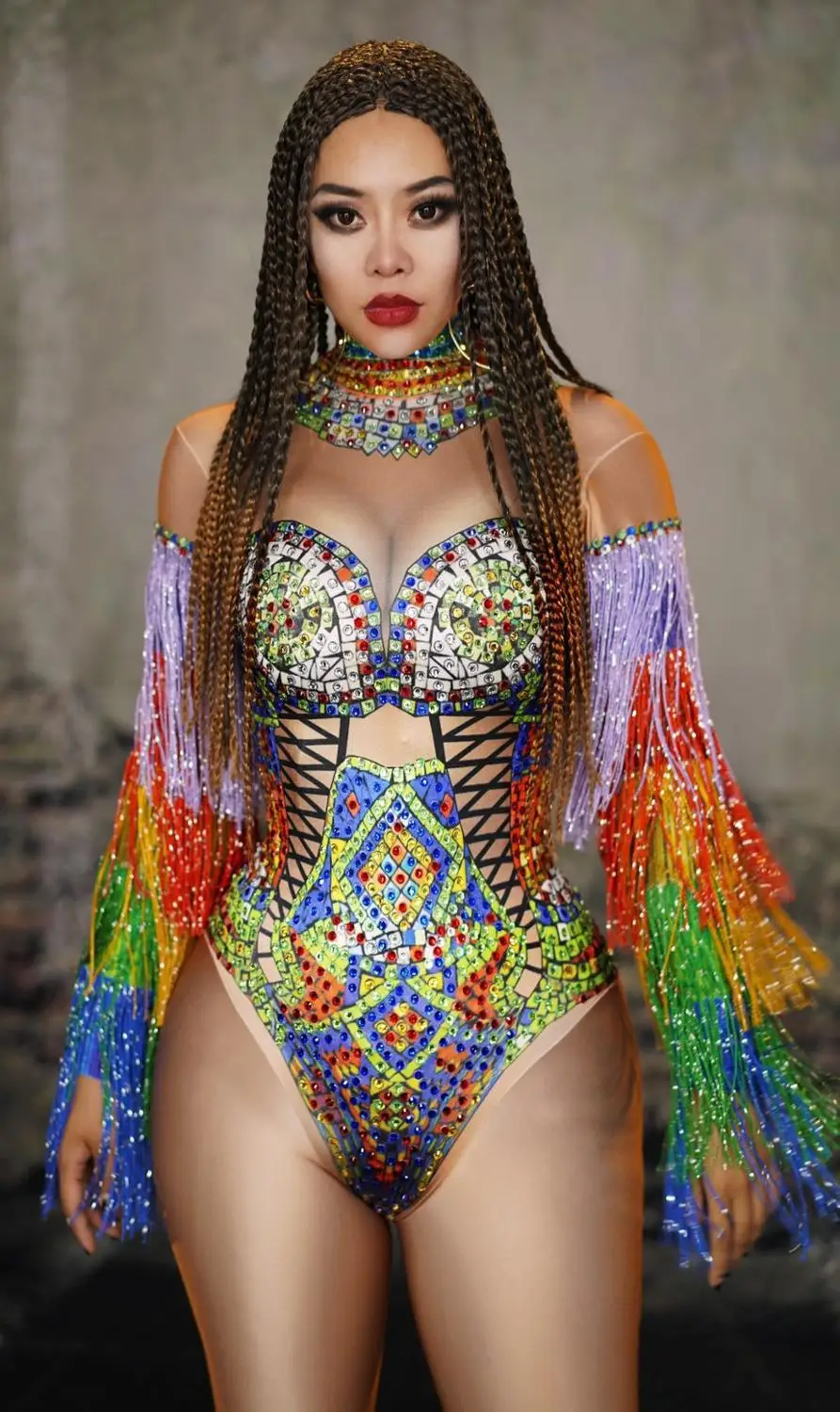 Rhinestones Tassel Bodysuit Women Nightclub DJ Singer Stage Costumes Stretch Leotard Party Celebration Dance Performance Outfits